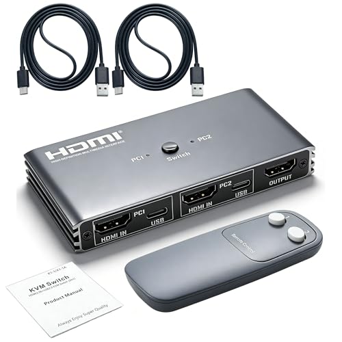 HDMI KVM Switch 4K@60Hz USB 2.0 KVM Switcher with IR Remote Control 2 HDMI Ports 4 USB 2.0 Ports 2-in-1 PC Switcher for Home Office Gaming