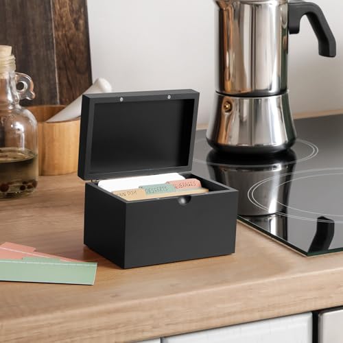 DRASTAR Index Card Holder 3x5, Wooden Index Card Organizer Box with 45 Index Card Dividers, Flashcard Notecard Holders for Home Office, Black - color: Black