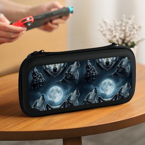 PPIKTC Portable Protective Carrying Case Compatible with Nintendo Switch, Full Moon Wolf Hard Shell Shockproof Storage Bag with 15 Games Accessories - color: Design (329)