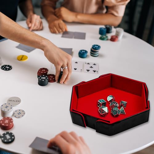 SIQUK Magnetic Folding Dice Tray Hexagon Dice Rolling Tray PU Leather Dice Trays Foldable Dice Holder Dice Rolling Mat Storage Box for D&D RPG Dice Games, Red - color: Red