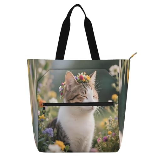 Waterproof Piano Bag for Lessons Cat Flower Crown Music Tote with Zipper Pockets for Sheet Music & Books - color: Cat Flower Crown Cute