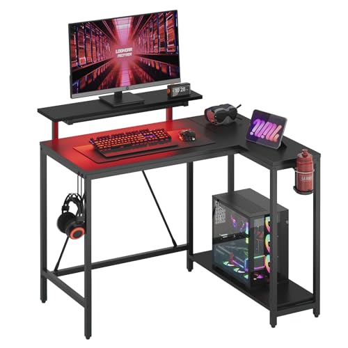 Pinmoco 42" Reversible L-Shaped Desk, Gaming Desk with LED Lights, Monitor Stand, Cup Holder and Headset Hook, Corner Work Station for Home Office, Study and Small Spaces, Carbon Fiber Black | corner desk fits small spaces, monitor stand, cup holder, head