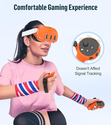 Silicone Cover Set Compatible with Meta Oculus/Quest 3, VR Accessories Protective Cover Includes Controller Grips, Front Shell Headset Cover and Face Cover, Not Fit Quest 3S (Orange) - color: Orange