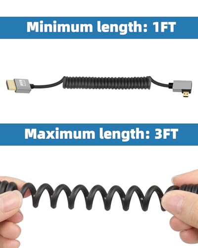 GELRHONR 4K Micro to HDTV Coiled Cable, 18Gbps 4K@60Hz Micro Male to Male HDTV2.0 Spiral Cord,for Cameras, Video Capture Cards (Left Angle) - style: Left Angle