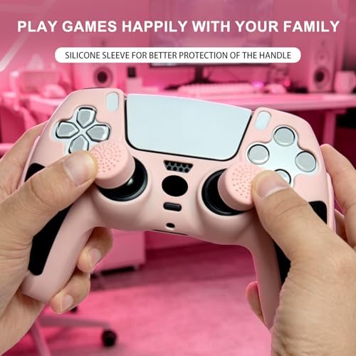 Anti-Slip Peach Pink PS5 Controller Skin,Soft Thicken Studded Protective Silicone Cover Skin Grips Compatible with PS5/Slim/Pro Controller and 8 PCS Thumb Grips Caps. - color: Peach Pink & Black
