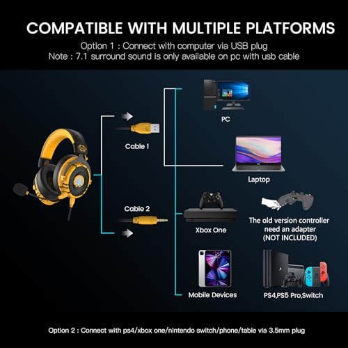 EKSA USB Gaming Headset for PC, Computer Gaming Headphones with Detachable Microphone Noise Cancelling, 7.1 Surround Sound, 50MM Driver, Wired Headset for PS4 PS5, Xbox One, Laptop (Yellow) - color: Yellow