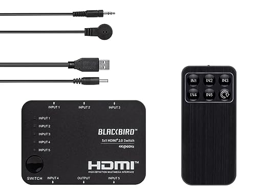 Monoprice 4K 5x1 HDMI 2.0 Switch - 4K@60Hz, Dolby Vision, HDR, HDR10, Hybrid Log-Gamma, 18Gbps, HDCP 2.2, HDMI 2.0, USB Powered, with IR Remote Control - Blackbird Series