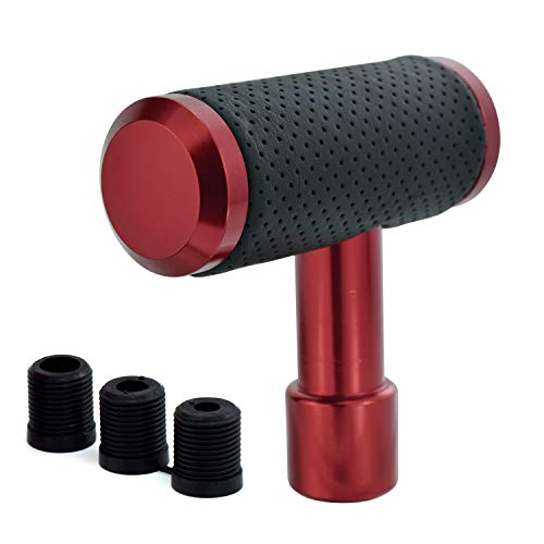 T Handle Shifter Car Knob, Joystick Style Alloy Cover with Leather Gear Stick Lever Shift Fit Most Automatic Manual Transmissions, Red-Black - color: red-black