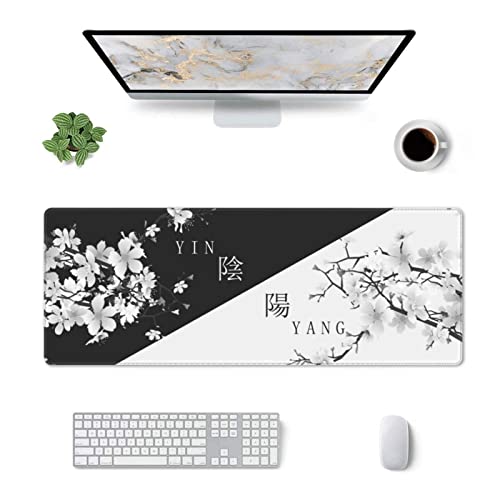 Japanese Black White Cherry Blossom Gaming Mouse Pad XL Extended Large Mousepad with Nonslip Rubber Base Stitched Edges Laptop Computer Keyboard Desk Mat for Office Home Gamer - color: Japanese Black White Cherry Blossom, size: 31.5" x 11.8"