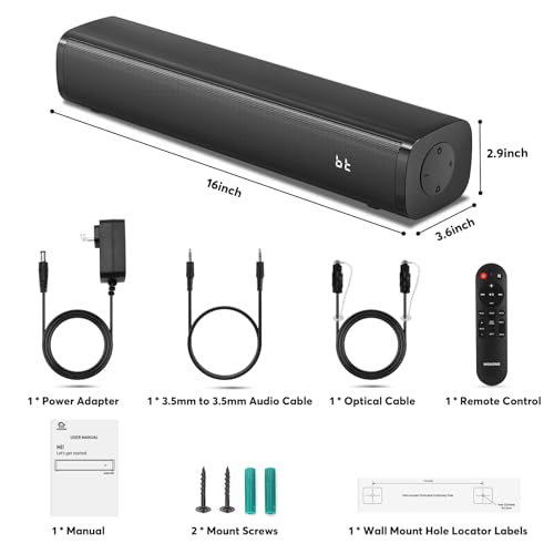 2.1ch Small Sound Bars for TV with 6 Levels Voice Enhancement, Built-in Subwoofer, 16 Inches Bluetooth 5.3 Soundbar Speakers with Optical/AUX/USB Connection, S100