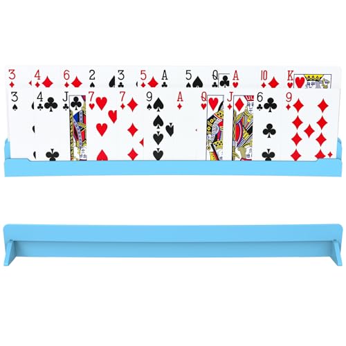 Set of 2 Playing Cards Holders for Seniors Adults – Multi-layer Curved Holders with Foldable Stand for Playing Cards Game Bridge Canasta Strategy Foot and Hand UNO, 2 Blue, for Holidays Game Nights
