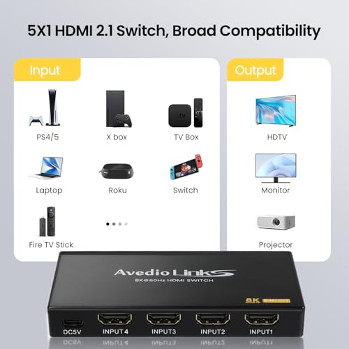 avedio links 8K HDMI2.1 Switch with Remote 5x1, 5 in 1 Out HDMI Splitter with Remote, Auto Switch HDMI Selector Box Support 4K@60Hz, HDCP2.3, HDR, 3D, for PS5, Xbox, Fire Stick, Blu-ray, HDTV