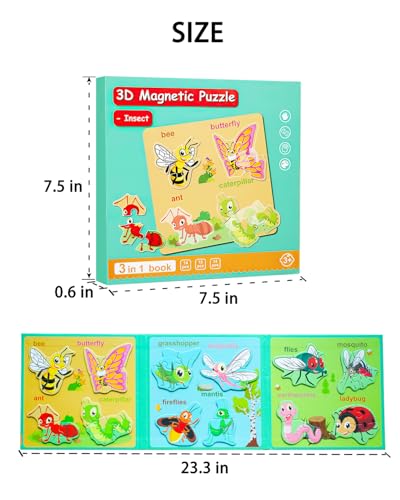Magnetic Puzzles for Toddlers 1-3, Travel Puzzles for Kids Ages 2-4, Animal Activities Toy Wooden Jigsaw Puzzles Book for Boys & Girls 3-5, Learning Magnet Present for Road Trip - style: Insect