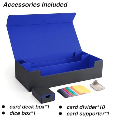 MTG Deck Box Holds 5 Display Card Deck Boxes with Playmat and Dice Box,Includes 10 colorful dividers and 1 card supporter, Trading Card Storage Box For Magic Game Cards(Black and Blue) | Holds 5 Deck Boxes (not included)/650 Single/520 Double-Sleeved Card