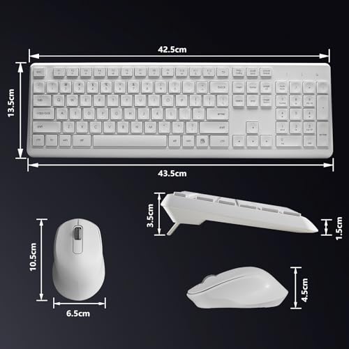 HUO JI Silent Wireless Keyboard and Mouse Combo, Quiet and Soft,Thin, White | 2.4G Full-Size Ergonomic Wireless Computer Keyboard Mouse for Windows, Laptop/PC/PS/Mac Desktop