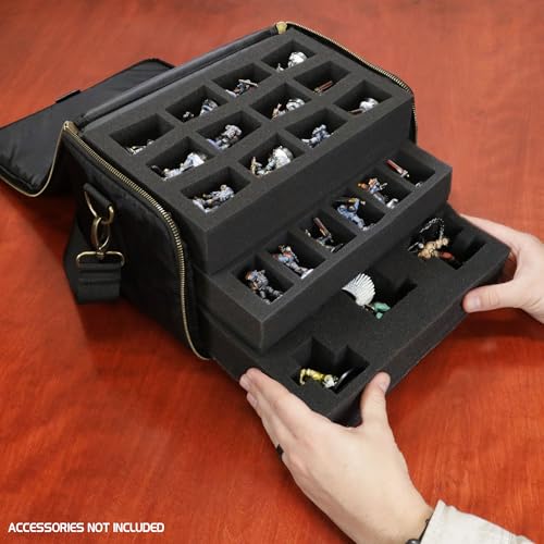 ENHANCE Wide Base Miniature Satchel - Compact Storage & Carrying Case for DnD Miniatures with Strap, 3 Foam Trays (2 Pre-Cut and 1 Pick & Pluck Tray) - Fits Minis 25mm to 40mm (Small - Wide Base) - size: Small (25 Slots), style: Wide Base Minis