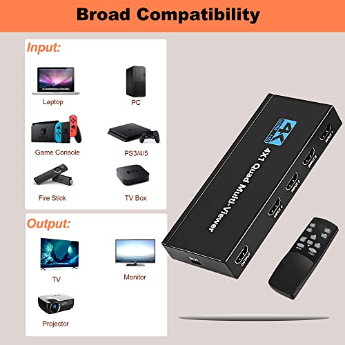 HDMI Multiviewer Switch 4X1, WrixWric HDMI Quad Multi-Viewer Seamless Switcher 4 in 1 Out with IR Remote, Support 4K 30Hz, 5 Display Modes for Security Camera, Monitor, Gaming Consoles - color: 4x1 HDMI Quad Multiviewer