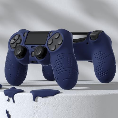 PlayVital Line & Dot Midnight Blue Silicone Cover Skin for ps4 Controller, Anti-Slip Soft Protector Case Cover with Thumb Grip Caps - color: Midnight Blue