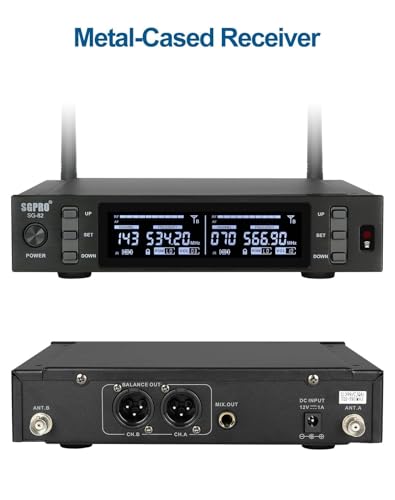 SGPRO SG-82HH Dual Handheld Wireless Microphone System, 520-590 MHz | Metal handheld mics and receiver, Adjustable UHF channels, Antenna diversity, Professional audio and events