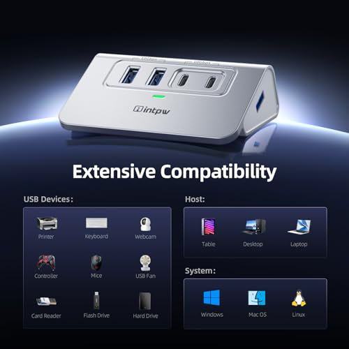 Intpw USB 3.2 Hub,Aluminum 4 Port USB Splitter 10Gbps with 2 USB C/USB A 3.2 Data Ports, 3.3ft Cable, USB HUB for PC/Laptop/Xbox/FlashDrive/Printer/Camera/Keyborad/Mouse - size: 10Gbps