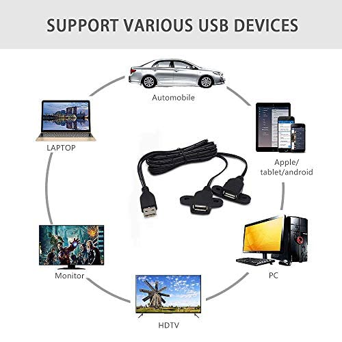 QiCheng&LYS USB 2.0 Male to Dual Female Charging Extension Cable, Furniture nightstand Sofa Electric Vehicle on-Board Charging Port, Panel Mount Cable with Screw Hole 5ft (2pcs) - color: 2 pcs Dual Female Black