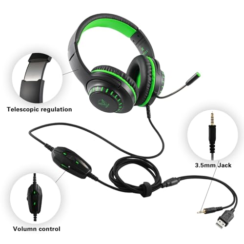 Pacrate 7.1 Gaming Headset for PS4/PS5/PC/Nintendo Switch, PC Gamer Headset with Mic Headset Gaming Switch with LED Lamp, PS5 Gaming Headset with Stereo Bass Microphone Noise Cancelling