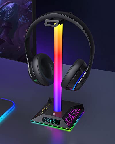 Hcman Headphone Stand Gaming Headset Holder RGB PC Gaming Accessories for Desk, Cool LED Headset Stand with 2 USB Charger for Gamer, Black | PC Accessories for Desk, Cool LED Headset Stand with 2 USB Charger for Gamer, Black