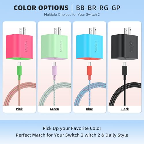 Switch 2 Charger with 6.6FT/2M USB-C Cable - 60W AC Power Adapter, Support 4K TV Dock & PD3.0 Fast Charging, Power Supply 20V/3A Charger for Nintendo Switch 2/1/Lite,WiiCharge(6.6FT - Neon Blue & Red) - size: 6.6FT (Neon Blue & Red)