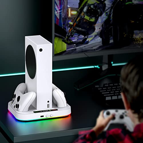 Cooling Stand for Xbox Series S Console with 15 Light Modes, MENEEA Dual Fast Charger Station with 2x1400mAH Batteries,Cooler System Accessories with 3-Speed Adjustable Fan, 2.0 USB Port - color: White