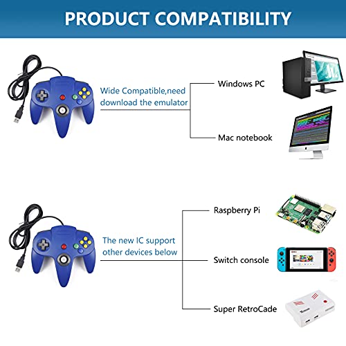 KIWITATA 2 Pack N64 USB Controller for PC Games, Classic N64 Wired Bit Emulator Gaming Pad Joystick Controller for Windows XP/7/8/10 & Mac & RetroPie Blue - color: Blue
