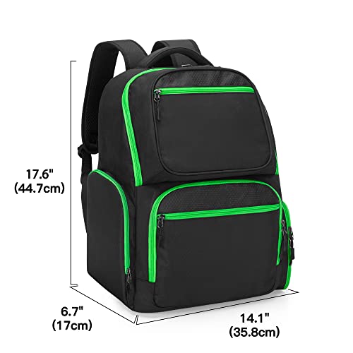 Trunab Backpack Compatible with Xbox Series X/S, Carry Case with Divider | Game Storage Bag Fits 15.6" Laptop, Controller & Cables, Padded Pockets for Gaming Accessories - color: Green Zip