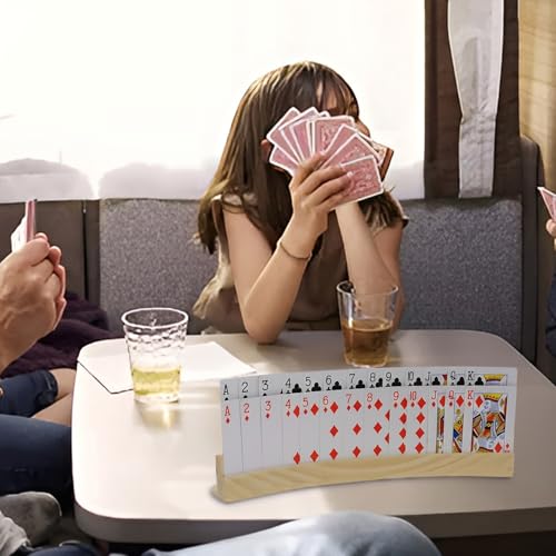 plusvivo Set of 4 Curved Playing Cards Holders for Seniors Adults - Soild Wood Cards Holders for Playing Cards 13 x 1.9 x 2.4 Inch for Bridge Canasta Strategy Foot and Hand