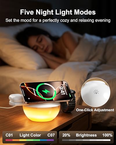 3-in-1 Charging Station for Apple, Mizccdem Qi2.2 25W Certified Wireless MagSafe Fast Charger Stand with Night Light for iPhone17/16/15/14/13/12 Series, Apple Watch, AirPods(45W Adapter Included)