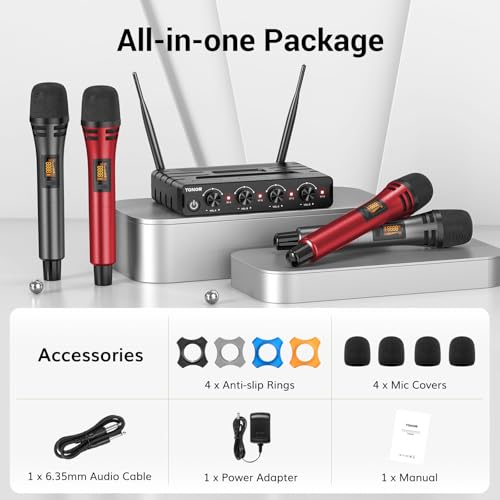 TONOR Wireless Microphones System with 4x10 Channels Cordless Handheld Microfono Inalambrico, UHF Mics with Stable Signal Transmission for Karaoke Singing Party Church Wedding 60 m/200ft Red - style: 4 Handheld Mics Grey&Red