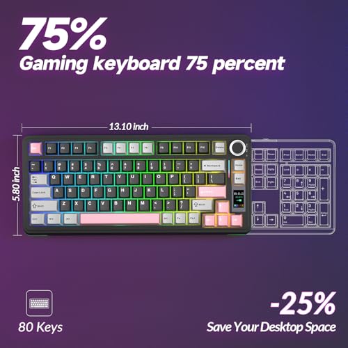 AULA S75 PRO Wireless Mechanical Keyboard with Screen&Knob, 75% Hot Swappable Gaming Keyboard with Pre-lubed Switches, RGB Backlit, PBT Keycaps Creamy Sounding Pc Gaming Keyboards - color: Black&Gray&Pink