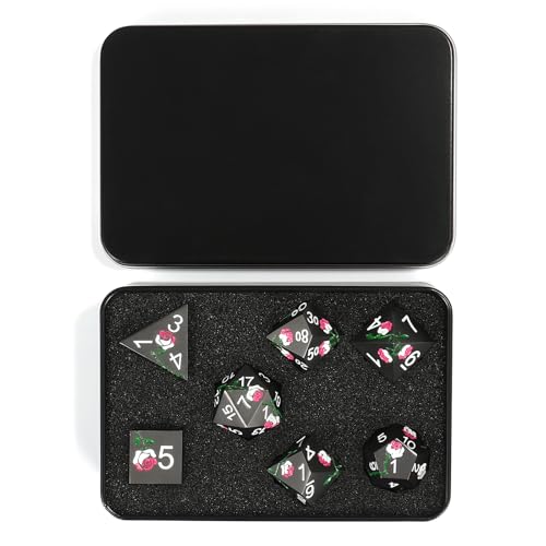 Rose Engraved Metal Dice Set 7PCS for DND RPG Tabletop Gaming | Solid zinc alloy build with 150g weight for balanced rolls(Dark Grey with Iridescent Rose) - color: Dark Grey With Iridescent Rose