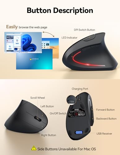 TECKNET Wireless Ergonomic Mouse, Rechargeable Wireless Vertical Mouse | Rechargeable Mouse Black, 2.4GHz USB Receiver, Silent Click, 6 Adjustable DPI up to 4800, 6 Buttons for Laptop, PC & MacBook - color: Black