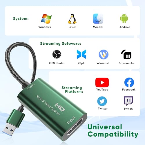 Video Capture Card, 4K HDMI to USB 3.0 Capture Card,1080P 60FPS Capture Card for Streaming, Gaming, Compatible with IPad Windows Android Mac OS Switch 2/Xbox/PS5/4/Camera/Zoom/OBS(Green)