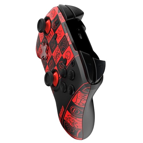 PDP REMATCH GLOW Enhanced Wireless Nintendo Switch Pro Controller, Rechargeable 40 hour battery power, Dual Programmable Gaming Buttons, 30-foot Connection, Super Mario Icon (Black/Red Glow in the Dark)