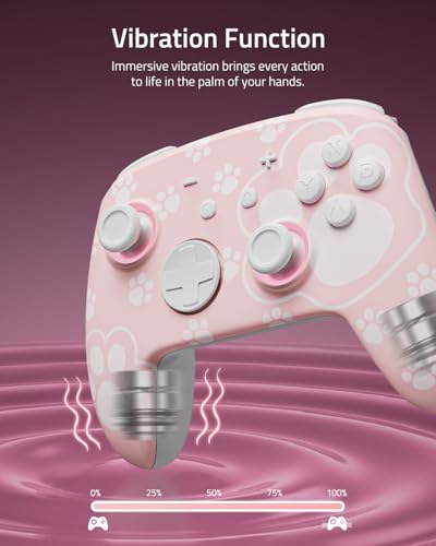 Switch Pro Controller Wireless Compatible with Nintendo Switch 2/OLED/Lite, Grily Hall Effect Controller, Firefly Bluetooth Remote Gamepad Controles Pink with 7 LED Colors/Paddle/Turbo- Cat Paw Pattern - color: Pink