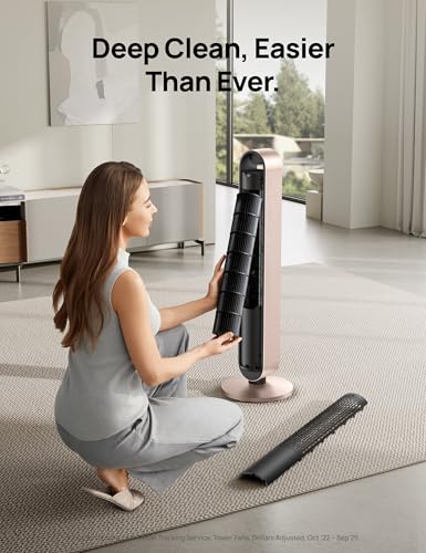 DREO Smart Tower Fan for Bedroom, 120° Oscillating Fan, 20dB Quiet DC Motor | 28ft/s Airflow, 12 Speeds, 4 Modes Bladeless Standing Fan, 12H Timer Cooling Fan for Home, Living Room, App & Alexa Control - color: Starlight