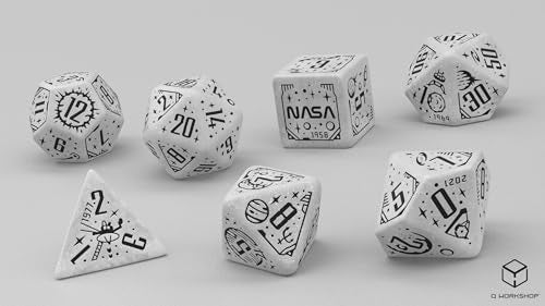 Space Dice Set Apollo by Q-Workshop – RPG Dice Set Inspired by NASA Apollo – Shimmering White with Black Engravings – Perfect for Tabletop Games & RPGs – 7 Polyhedral Dice (D4, D6, D8, 2D10, D12, D20)