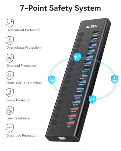 AGEEN 16-Port Powered USB 3.2 Hub-10Gbps SuperSpeed Data Splitter with 2 USB-C & 11 USB-A Ports, 3 x 24W QC 3.0 Fast Charging Ports, Individual On/Off Switches, 96W Power Adapter for Laptop, PC