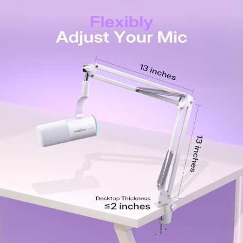 MAONO PD100W Wireless USB Dynamic Microphone, Gaming PC Mic with One-Click Noise Reduction,Mute Button,Custom RGB,3.5mm Headphone Jack,Software,Podcast Streaming Mic (Boom Arm(USB-C Receiver), White) - color: White