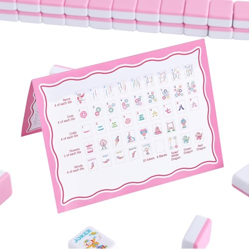 160 Pink American Printed Mahjong Game Set with Carrying Bag and Accessories, 1.2’’ Mahjong Tile Set - style: 2-Pink