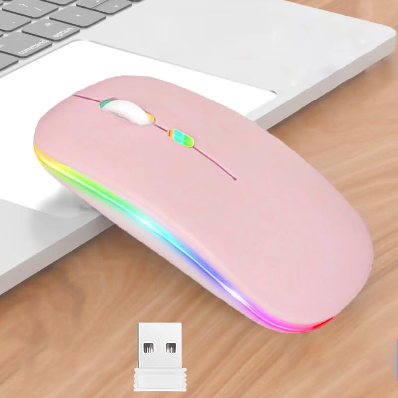 Guiheng Wireless Bluetooth Mouse,LED Dual Mode Rechargeable Silent Slim Laptop Mouse,Portable(BT5.2+USB Receiver) Dual Mode Computer Mice,for Laptop,Desktop Computer,ipad Tablet,Phone,TV (Pink) - color: pink