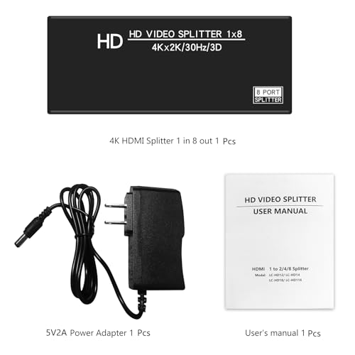 4K HDMI Splitter 1 in 8 Out - 8 Port Powered HDMI Splitter - 1x8 hdmi splitters Multi Monitor Outputs, Supports 4Kx2K@30Hz 3D for Office/PS4/Projector/HDTV