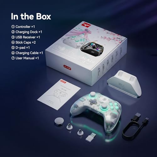 Aolion gaming K20 Wireless Controller Compatible with Switch 2/Switch/PC/iOS/Android, Hall Effect Joystick, 1000Hz Polling Rate, Tri-Mode Bluetooth/2.4G/Wired Gamepad, RGB Charging Dock, Back Buttons - color: White
