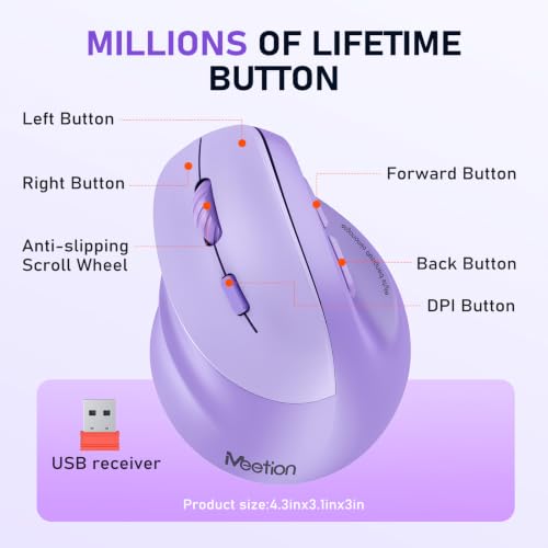 MEETION Left-Handed Wireless Ergonomic Vertical Mouse, Rechargeable -Purple | Dual Bluetooth 5.2/3.0 + USB, RGB lighting, 4 adjustable DPI, compatible with Windows, Mac, PC, iPad and tablets - color: Left Purple