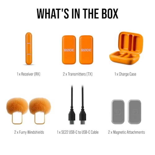 RØDE Wireless Micro - Compact Wireless Microphone, Two Mics with Charge Case for Smartphone Content Creation - USB-C, Orange | USB-C Receiver, 2 Clip-on Omni Mics, Gainassist, Charging Case Up to 21h, 100m Plus Range - color: USB-C Orange